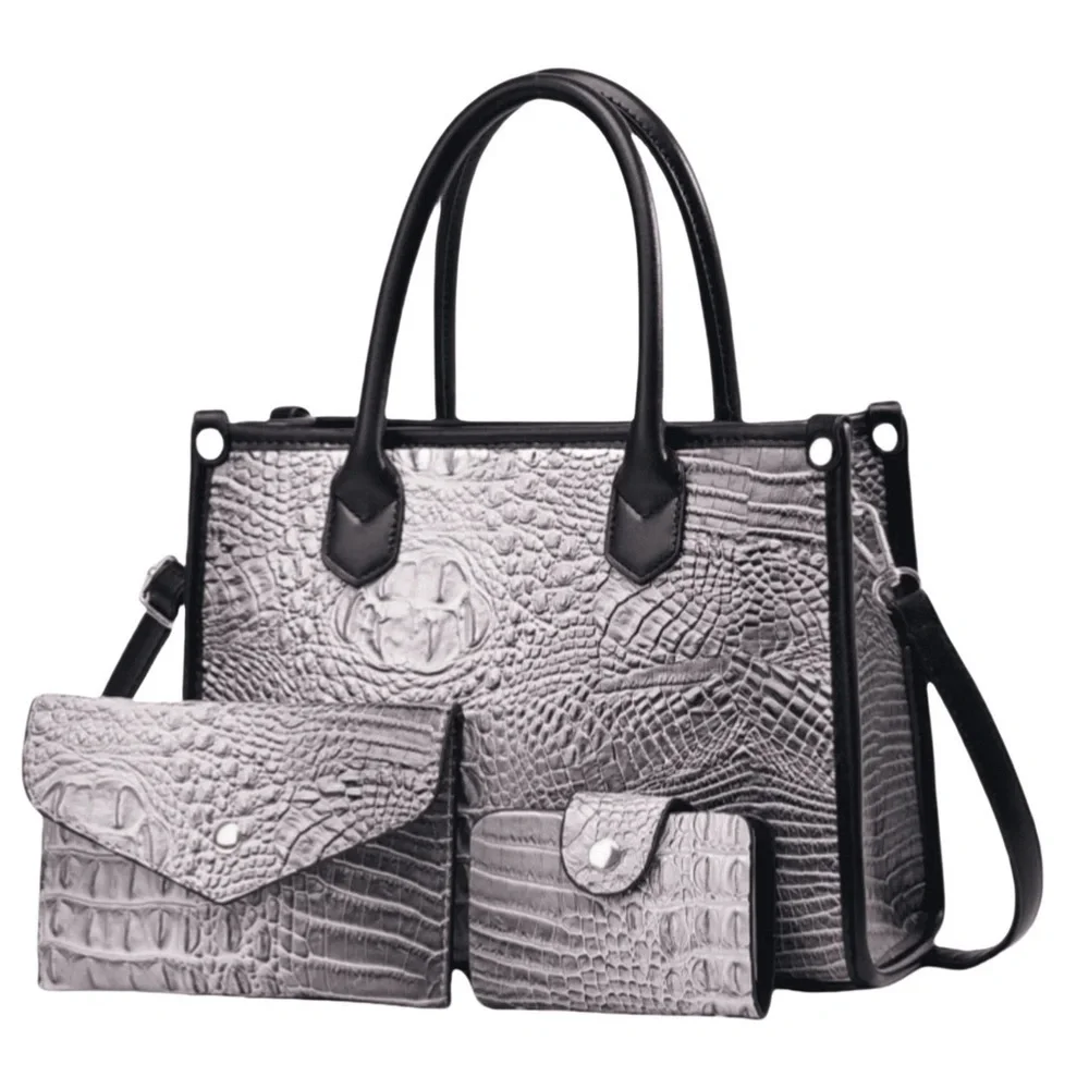 Charcoal Gray Crocodile Pattern Medium Handbag Set w Crossbody Strap PU Leather